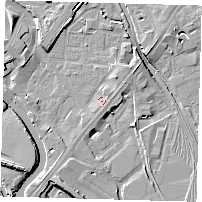 Shaded relief map of the ground around E152JG, computed from Environment Agency LiDAR. The ground here sits at about 5 m above sea level and falls 12 m across the surrounding 800 m. Surface water reaching this point runs off ground lying to the east, 1.6 m higher.