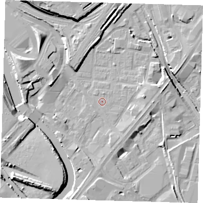 Shaded relief map of the ground around E152JH, computed from Environment Agency LiDAR. The ground here sits at about 4 m above sea level and falls 15 m across the surrounding 800 m. The ground contributing surface water to this point lies to the south-east.