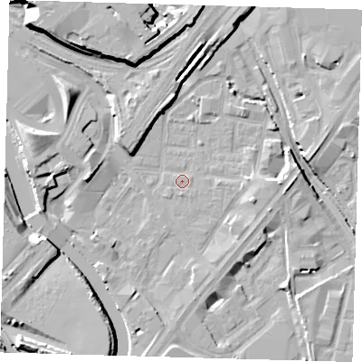 Shaded relief map of the ground around E152JJ, computed from Environment Agency LiDAR. The ground here sits at about 4 m above sea level and falls 15 m across the surrounding 800 m. Surface water reaching this point runs off ground lying to the east, 3.9 m higher.