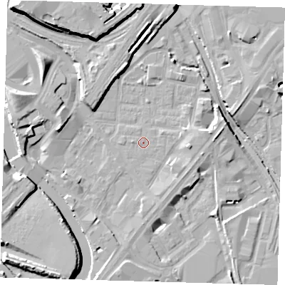 Shaded relief map of the ground around E152JL, computed from Environment Agency LiDAR. The ground here sits at about 4 m above sea level and falls 15 m across the surrounding 800 m. Surface water reaching this point runs off ground lying to the east, 3.6 m higher.