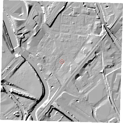 Shaded relief map of the ground around E152JQ, computed from Environment Agency LiDAR. The ground here sits at about 4 m above sea level and falls 10 m across the surrounding 800 m. Surface water reaching this point runs off ground lying to the south-south-west, 5.2 m higher.