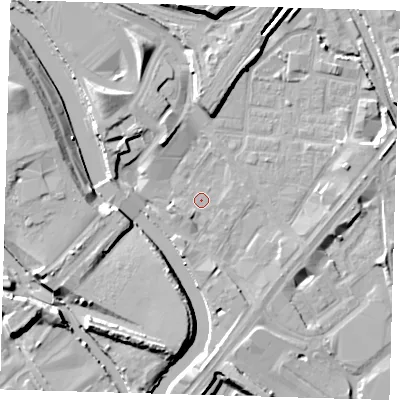 Shaded relief map of the ground around E152JR, computed from Environment Agency LiDAR. The ground here sits at about 4 m above sea level and falls 14 m across the surrounding 800 m. Surface water reaching this point runs off ground lying to the north-west, 7.1 m higher.