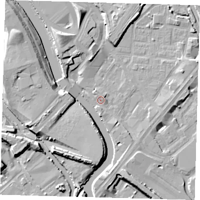 Shaded relief map of the ground around E152JS, computed from Environment Agency LiDAR. The ground here sits at about 4 m above sea level and falls 11 m across the surrounding 800 m. Surface water reaching this point runs off ground lying to the north-north-west, 7.1 m higher.