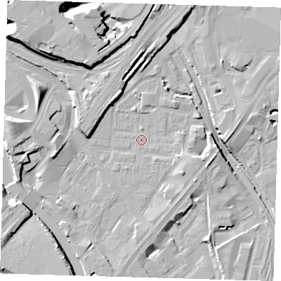 Shaded relief map of the ground around E152JT, computed from Environment Agency LiDAR. The ground here sits at about 4 m above sea level and falls 15 m across the surrounding 800 m. Surface water reaching this point runs off ground lying to the east-south-east, 2.4 m higher.