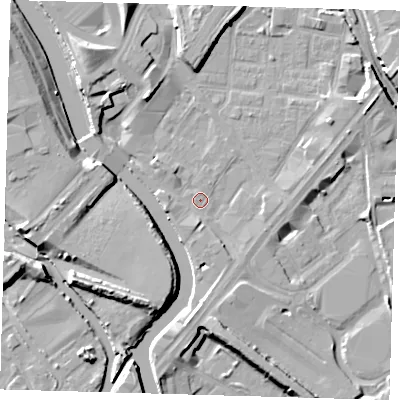 Shaded relief map of the ground around E152JU, computed from Environment Agency LiDAR. The ground here sits at about 4 m above sea level and falls 10 m across the surrounding 800 m. Surface water reaching this point runs off ground lying to the south, 5.2 m higher.