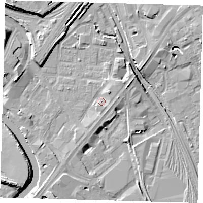 Shaded relief map of the ground around E152LB, computed from Environment Agency LiDAR. The ground here sits at about 4 m above sea level and falls 15 m across the surrounding 800 m. Surface water reaching this point runs off ground lying to the east-north-east, 3.6 m higher.