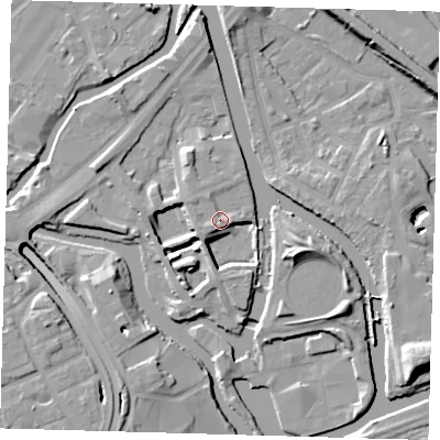 Shaded relief map of the ground around E152LD, computed from Environment Agency LiDAR. The ground here sits at about 7 m above sea level and falls 13 m across the surrounding 800 m. Surface water reaching this point runs off ground lying to the south-west, 1.9 m higher.