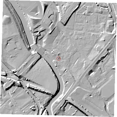 Shaded relief map of the ground around E152LG, computed from Environment Agency LiDAR. The ground here sits at about 4 m above sea level and falls 11 m across the surrounding 800 m. Surface water reaching this point runs off ground lying to the north-north-west, 7.1 m higher.