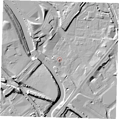 Shaded relief map of the ground around E152LL, computed from Environment Agency LiDAR. The ground here sits at about 4 m above sea level and falls 11 m across the surrounding 800 m. Surface water reaching this point runs off ground lying to the north-west, 7.1 m higher.