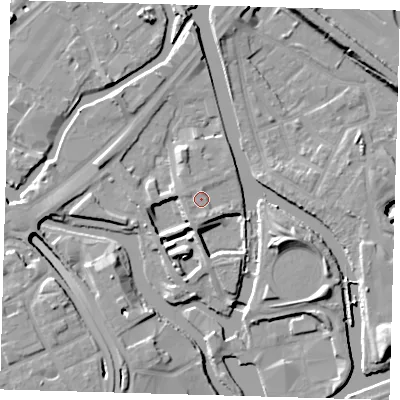 Shaded relief map of the ground around E152LP, computed from Environment Agency LiDAR. The ground here sits at about 6 m above sea level and falls 13 m across the surrounding 800 m. Surface water reaching this point runs off ground lying to the south-west, 1.6 m higher.