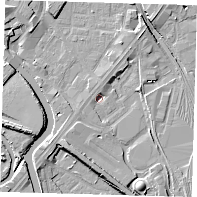 Shaded relief map of the ground around E152LR, computed from Environment Agency LiDAR. The ground here sits at about 3 m above sea level and falls 10 m across the surrounding 800 m. Surface water reaching this point runs off ground lying to the north-north-east, 4.3 m higher.