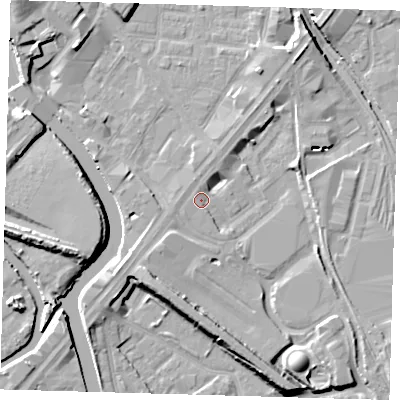 Shaded relief map of the ground around E152LS, computed from Environment Agency LiDAR. The ground here sits at about 4 m above sea level and falls 10 m across the surrounding 800 m. Surface water reaching this point runs off ground lying to the south-south-east, 8.4 m higher.