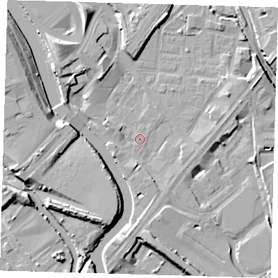 Shaded relief map of the ground around E152LU, computed from Environment Agency LiDAR. The ground here sits at about 4 m above sea level and falls 10 m across the surrounding 800 m. Surface water reaching this point runs off ground lying to the south, 5.2 m higher.