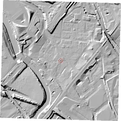 Shaded relief map of the ground around E152LX, computed from Environment Agency LiDAR. The ground here sits at about 4 m above sea level and falls 14 m across the surrounding 800 m. Surface water reaching this point runs off ground lying to the south-south-west, 5.2 m higher.