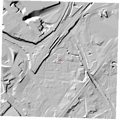 Shaded relief map of the ground around E152LY, computed from Environment Agency LiDAR. The ground here sits at about 4 m above sea level and falls 15 m across the surrounding 800 m. Surface water reaching this point runs off ground lying to the west-north-west, 12.8 m higher.