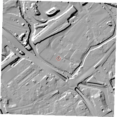 Shaded relief map of the ground around E152NB, computed from Environment Agency LiDAR. The ground here sits at about 4 m above sea level and falls 16 m across the surrounding 800 m. Surface water reaching this point runs off ground lying to the east-south-east, 2.3 m higher.