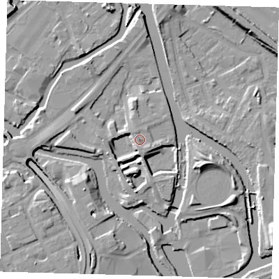 Shaded relief map of the ground around E152ND, computed from Environment Agency LiDAR. The ground here sits at about 7 m above sea level and falls 11 m across the surrounding 800 m. Surface water reaching this point runs off ground lying to the south, 6.9 m higher.