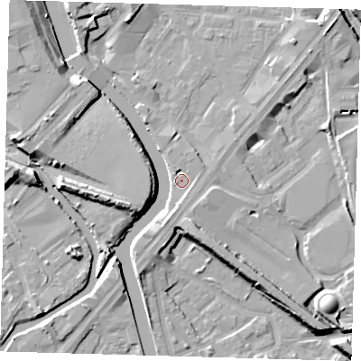Shaded relief map of the ground around E152NE, computed from Environment Agency LiDAR. The ground here sits at about 6 m above sea level and falls 10 m across the surrounding 800 m. Surface water reaching this point runs off ground lying to the west-south-west, 7.8 m higher.
