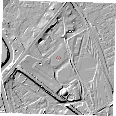 Shaded relief map of the ground around E152NF, computed from Environment Agency LiDAR. The ground here sits at about 4 m above sea level and falls 9 m across the surrounding 800 m. Surface water reaching this point runs off ground lying to the south-west, 1.1 m higher.