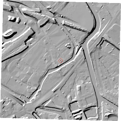 Shaded relief map of the ground around E152NH, computed from Environment Agency LiDAR. The ground here sits at about 5 m above sea level and falls 16 m across the surrounding 800 m. Surface water reaching this point runs off ground lying to the south-south-west, 2.4 m higher.