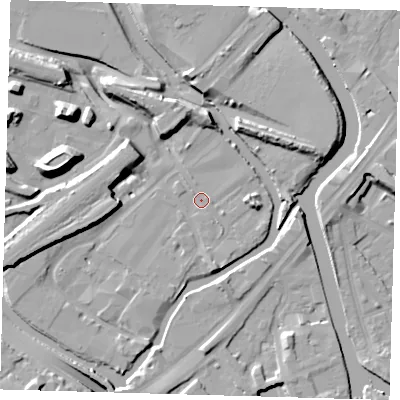 Shaded relief map of the ground around E152NL, computed from Environment Agency LiDAR. The ground here sits at about 4 m above sea level and falls 16 m across the surrounding 800 m. Surface water reaching this point runs off ground lying to the south, 1.6 m higher.