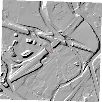Shaded relief map of the ground around E152NR, computed from Environment Agency LiDAR. The ground here sits at about 4 m above sea level and falls 16 m across the surrounding 800 m. Surface water reaching this point runs off ground lying to the south-west, 9.0 m higher.