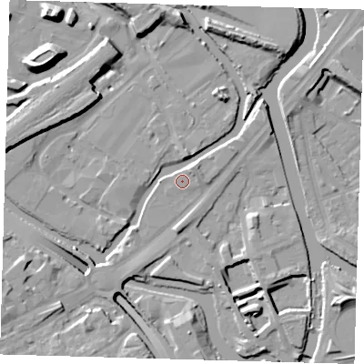 Shaded relief map of the ground around E152NZ, computed from Environment Agency LiDAR. The ground here sits at about 5 m above sea level and falls 16 m across the surrounding 800 m. Surface water reaching this point runs off ground lying to the south-south-west, 3.6 m higher.