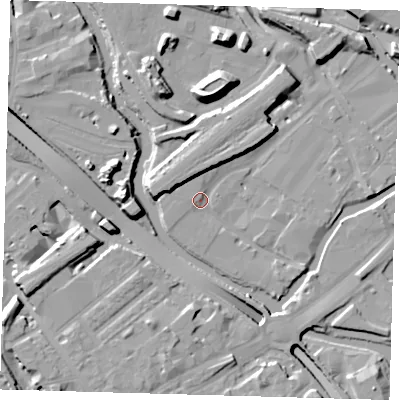 Shaded relief map of the ground around E152PE, computed from Environment Agency LiDAR. The ground here sits at about 5 m above sea level and falls 16 m across the surrounding 800 m. Surface water reaching this point runs off ground lying to the west-north-west, 7.6 m higher.