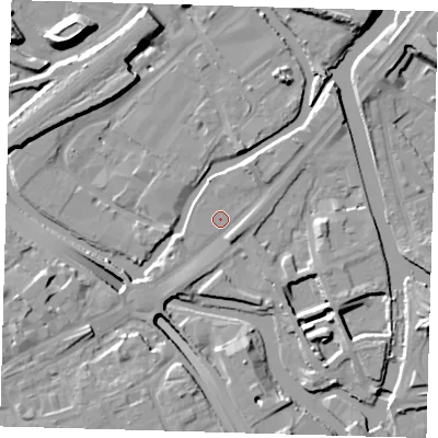 Shaded relief map of the ground around E152PG, computed from Environment Agency LiDAR. The ground here sits at about 5 m above sea level and falls 16 m across the surrounding 800 m. Surface water reaching this point runs off ground lying to the south-west, 3.6 m higher.