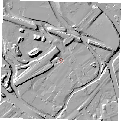 Shaded relief map of the ground around E152PH, computed from Environment Agency LiDAR. The ground here sits at about 4 m above sea level and falls 16 m across the surrounding 800 m. Surface water reaching this point runs off ground lying to the west-south-west, 9.0 m higher.