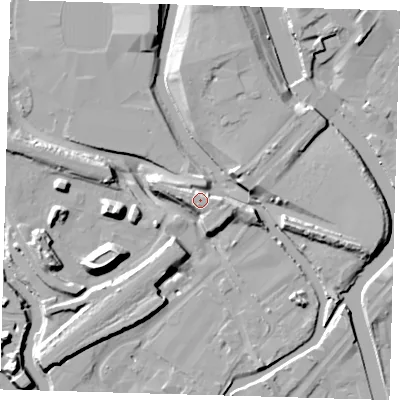 Shaded relief map of the ground around E152PJ, computed from Environment Agency LiDAR. The ground here sits at about 10 m above sea level and falls 16 m across the surrounding 800 m. Surface water reaching this point runs off ground lying to the east-north-east, 5.1 m higher.