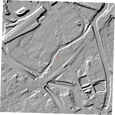 Shaded relief map of the ground around E152PL, computed from Environment Agency LiDAR. The ground here sits at about 5 m above sea level and falls 16 m across the surrounding 800 m. Surface water reaching this point runs off ground lying to the south-south-west, 4.6 m higher.