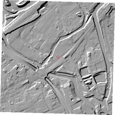 Shaded relief map of the ground around E152PP, computed from Environment Agency LiDAR. The ground here sits at about 5 m above sea level and falls 16 m across the surrounding 800 m. Surface water reaching this point runs off ground lying to the south-west, 3.6 m higher.