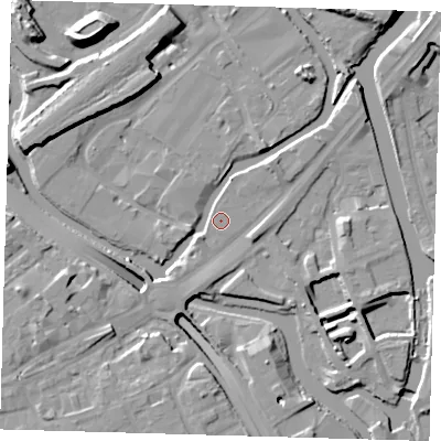 Shaded relief map of the ground around E152PS, computed from Environment Agency LiDAR. The ground here sits at about 5 m above sea level and falls 16 m across the surrounding 800 m. Surface water reaching this point runs off ground lying to the south-south-west, 4.6 m higher.