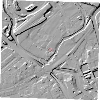 Shaded relief map of the ground around E152PW, computed from Environment Agency LiDAR. The ground here sits at about 5 m above sea level and falls 16 m across the surrounding 800 m. Surface water reaching this point runs off ground lying to the south-east, 1.8 m higher.