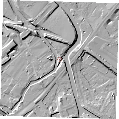 Shaded relief map of the ground around E152PY, computed from Environment Agency LiDAR. The ground here sits at about 5 m above sea level and falls 11 m across the surrounding 800 m. Surface water reaching this point runs off ground lying to the north-north-east, 8.4 m higher.