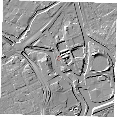 Shaded relief map of the ground around E152QE, computed from Environment Agency LiDAR. The ground here sits at about 4 m above sea level and falls 12 m across the surrounding 800 m. Surface water reaching this point runs off ground lying to the east, 5.2 m higher.