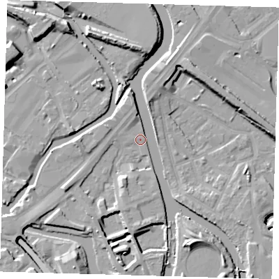 Shaded relief map of the ground around E152QL, computed from Environment Agency LiDAR. The ground here sits at about 5 m above sea level and falls 12 m across the surrounding 800 m. Surface water reaching this point runs off ground lying to the south-south-east, 8.7 m higher.