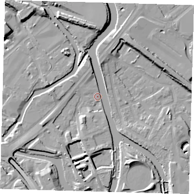 Shaded relief map of the ground around E152QR, computed from Environment Agency LiDAR. The ground here sits at about 4 m above sea level and falls 12 m across the surrounding 800 m. Surface water reaching this point runs off ground lying to the south-south-east, 8.7 m higher.