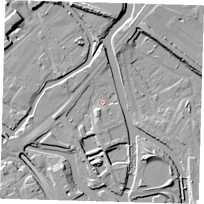 Shaded relief map of the ground around E152QS, computed from Environment Agency LiDAR. The ground here sits at about 5 m above sea level and falls 11 m across the surrounding 800 m. Surface water reaching this point runs off ground lying to the south-south-west, 4.8 m higher.