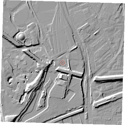 Shaded relief map of the ground around E152QT, computed from Environment Agency LiDAR. The ground here sits at about 4 m above sea level and falls 13 m across the surrounding 800 m. Surface water reaching this point runs off ground lying to the south-south-east, 5.8 m higher.