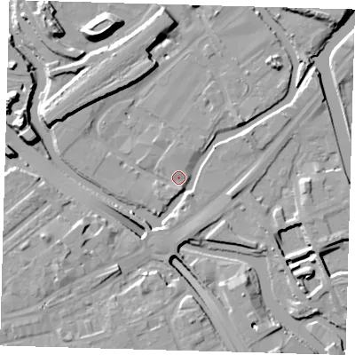 Shaded relief map of the ground around E152QU, computed from Environment Agency LiDAR. The ground here sits at about 5 m above sea level and falls 16 m across the surrounding 800 m. Surface water reaching this point runs off ground lying to the south, 1.7 m higher.