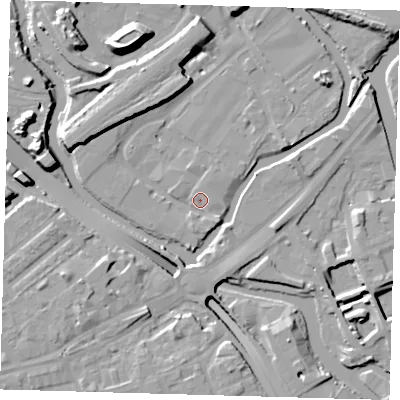 Shaded relief map of the ground around E152QW, computed from Environment Agency LiDAR. The ground here sits at about 5 m above sea level and falls 16 m across the surrounding 800 m. Surface water reaching this point runs off ground lying to the south-east, 1.9 m higher.