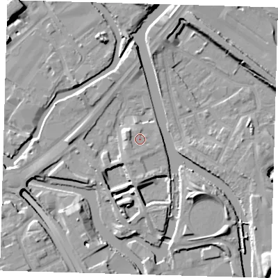 Shaded relief map of the ground around E152QY, computed from Environment Agency LiDAR. The ground here sits at about 6 m above sea level and falls 13 m across the surrounding 800 m. Surface water reaching this point runs off ground lying to the west-north-west, 1.7 m higher.