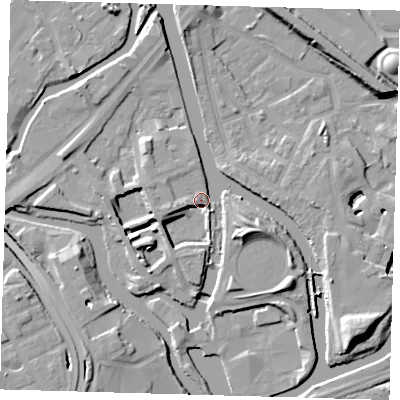 Shaded relief map of the ground around E152QZ, computed from Environment Agency LiDAR. The ground here sits at about 6 m above sea level and falls 13 m across the surrounding 800 m. Surface water reaching this point runs off ground lying to the south-east, 8.7 m higher.