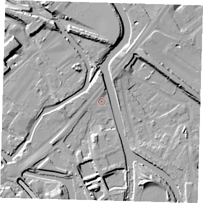 Shaded relief map of the ground around E152RB, computed from Environment Agency LiDAR. The ground here sits at about 5 m above sea level and falls 11 m across the surrounding 800 m. Surface water reaching this point runs off ground lying to the north-north-east, 1.7 m higher.