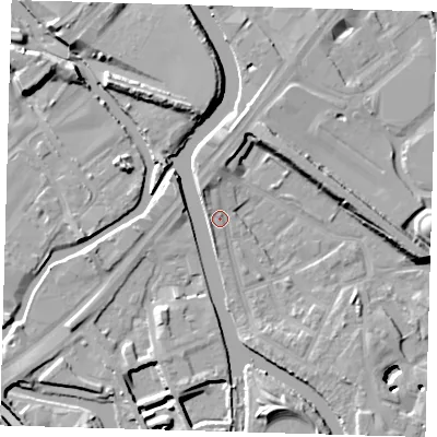 Shaded relief map of the ground around E152RD, computed from Environment Agency LiDAR. The ground here sits at about 4 m above sea level and falls 12 m across the surrounding 800 m. Surface water reaching this point runs off ground lying to the south-south-east, 8.7 m higher.