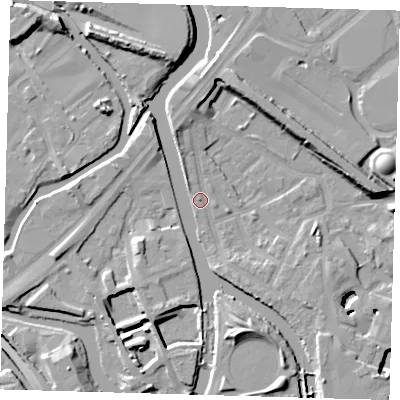 Shaded relief map of the ground around E152RE, computed from Environment Agency LiDAR. The ground here sits at about 4 m above sea level and falls 12 m across the surrounding 800 m. Surface water reaching this point runs off ground lying to the south-south-east, 8.7 m higher.