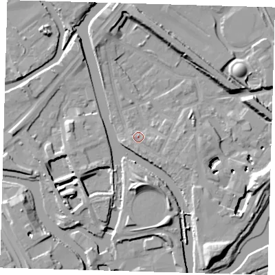 Shaded relief map of the ground around E152RF, computed from Environment Agency LiDAR. The ground here sits at about 5 m above sea level and falls 13 m across the surrounding 800 m. Surface water reaching this point runs off ground lying to the south-south-east, 1.1 m higher.