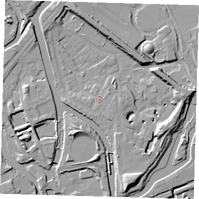 Shaded relief map of the ground around E152RG, computed from Environment Agency LiDAR. The ground here sits at about 6 m above sea level and falls 13 m across the surrounding 800 m. Surface water reaching this point runs off ground lying to the south-south-east, 1.4 m higher.